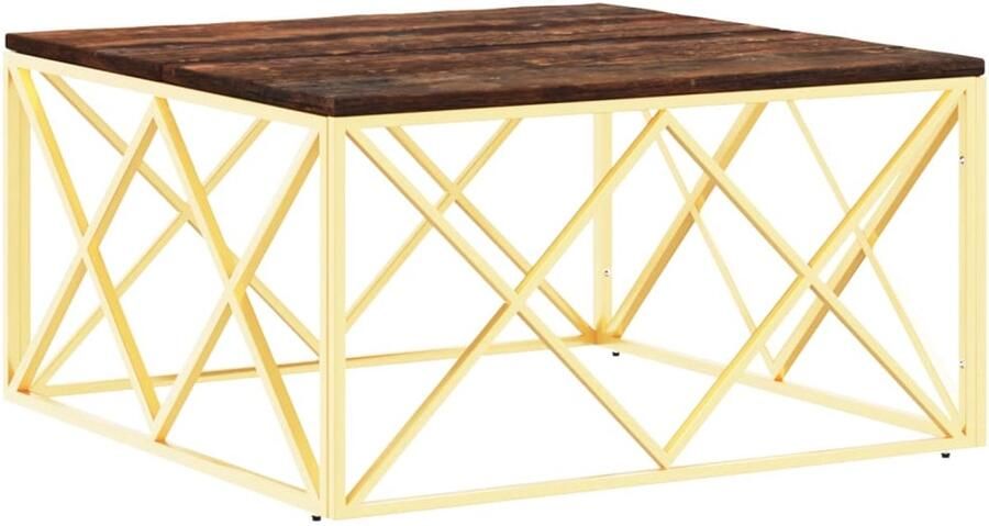 The Living Store Salontafel 80 x 80 x 40 cm Goud frame Roestvrij staal en massief hergebruikt hout Salontafel Koffietafel Houten Salontafel Gouden Salontafel Vintage Salontafel