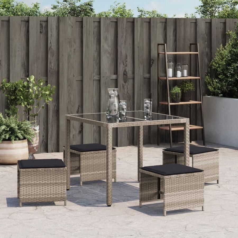 FIONERA Tuinkrukken 4 st met kussens 41x41x36 cm poly rattan lichtgrijs