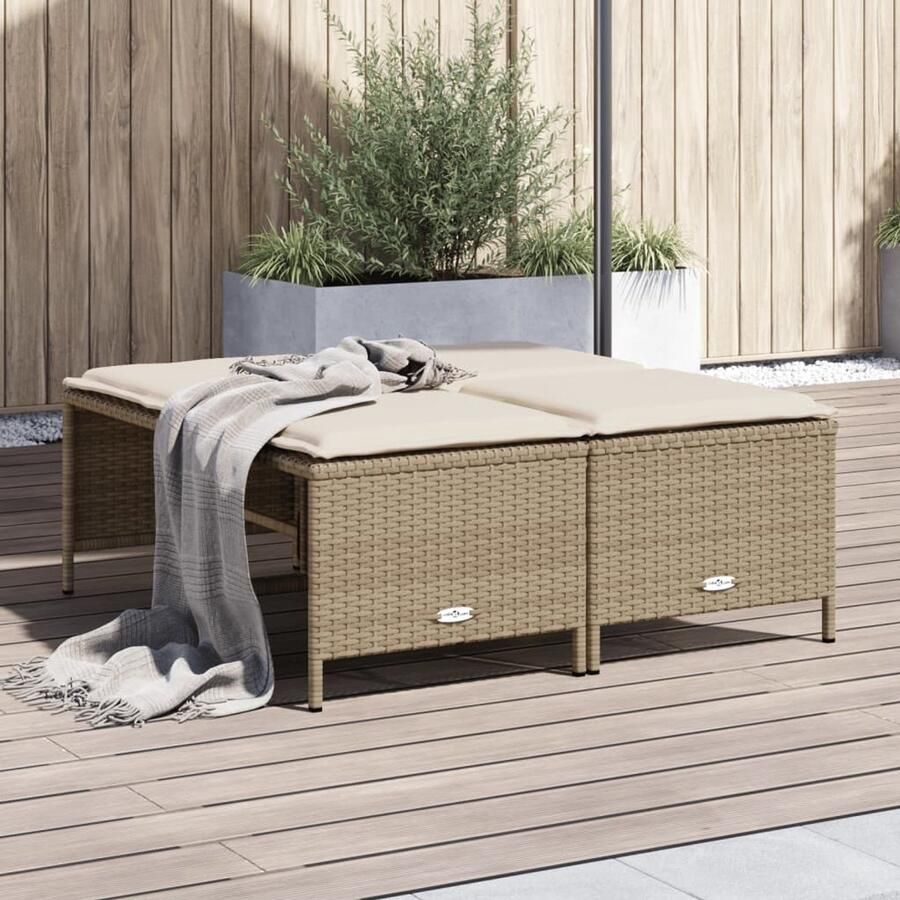 The Living Store Tuinkrukken met kussens 4 st poly rattan beige Tuinkrukken Outdoor Meubilair Lounge Stoel Patioset Garden Furniture - Foto 2