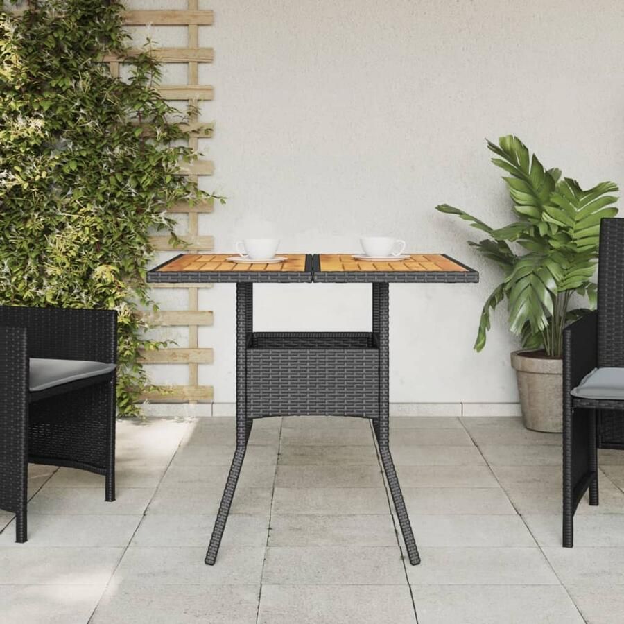FIONERA Tuintafel met acaciahouten blad 80x80x75 cm poly rattan zwart