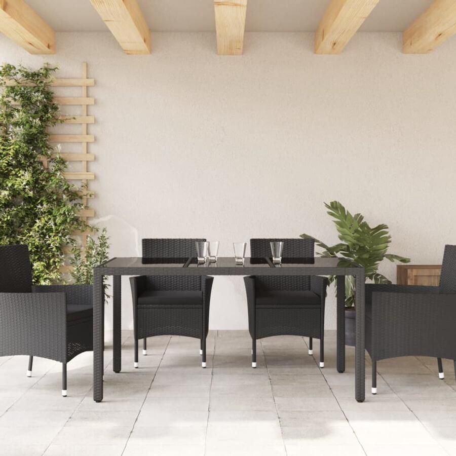 FIONERA Tuintafel met glazen blad 150x90x75 cm poly rattan zwart