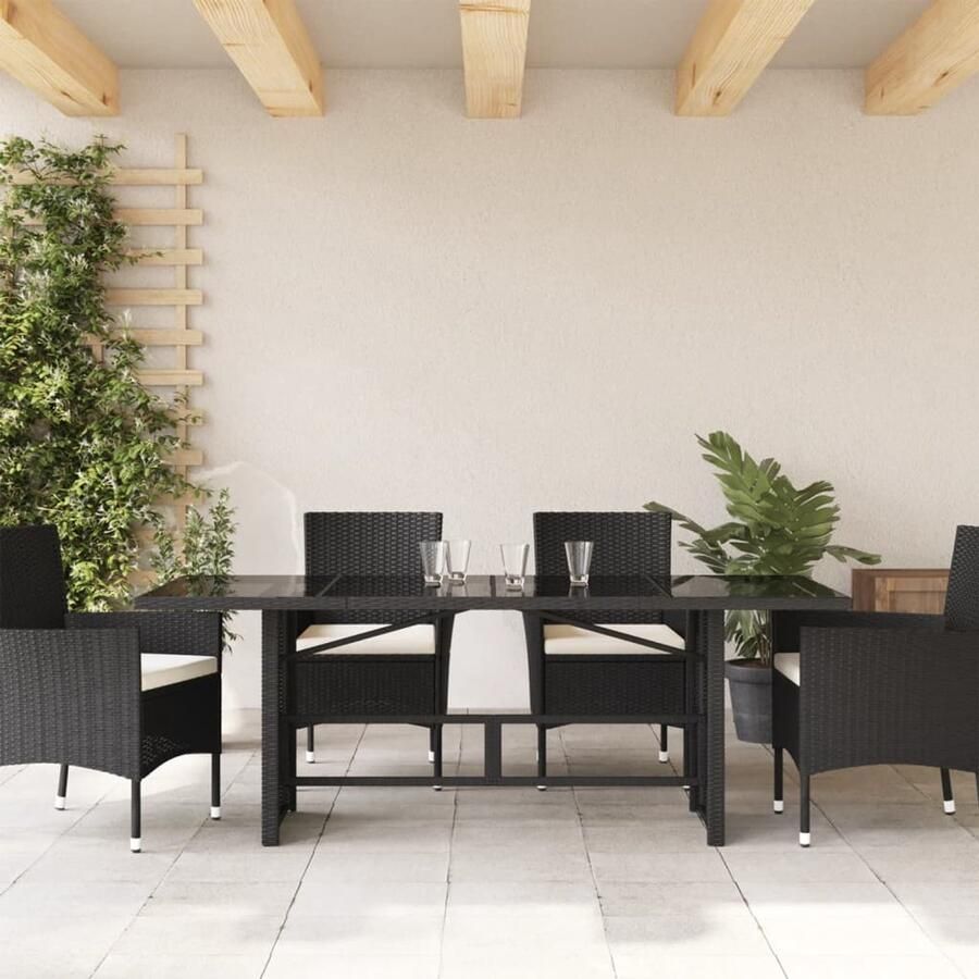 FIONERA Tuintafel met glazen blad 190x80x75 cm poly rattan zwart