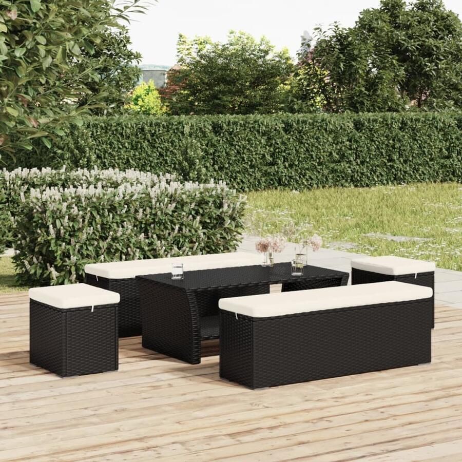 FIONERA Voetenbankje met kussen 110x30x40 cm poly rattan zwart