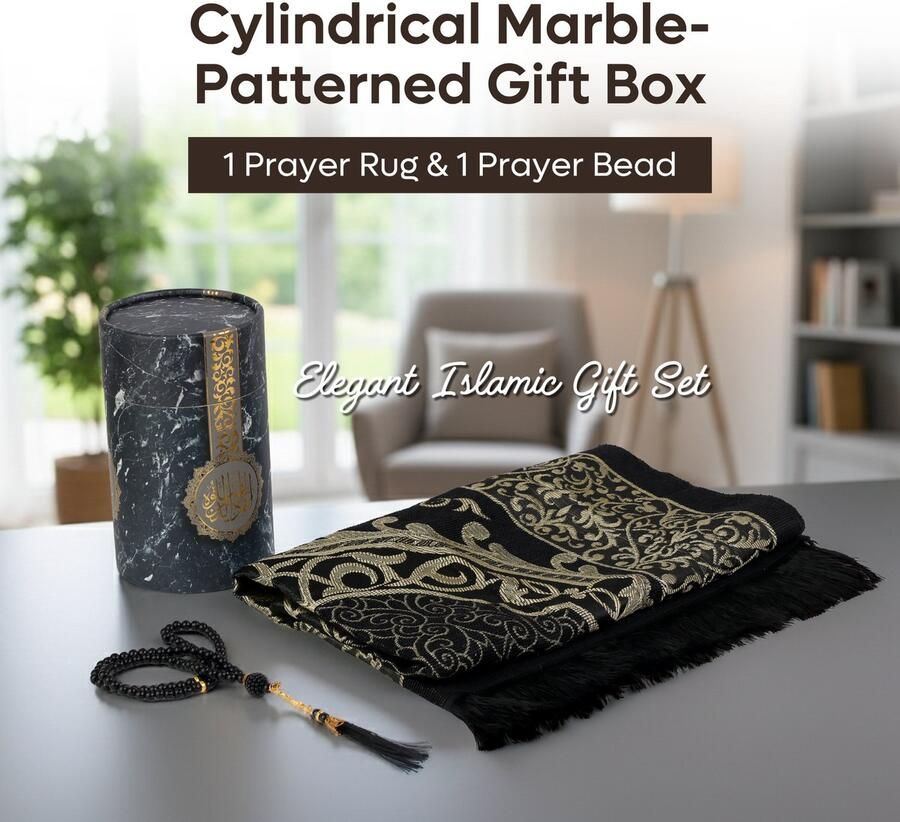 Firaset Moslim gebedskleed gebedskralen met elegant design cilindervormige geschenkdoos Janamaz Sajadah zachte islamitische geschenkset tapijtmat taftstof zwart