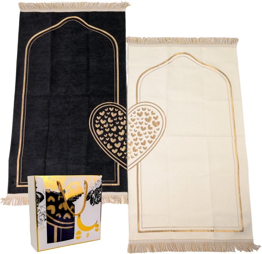 Firaset Moslim gebedskleed voor koppels zachte gebedskleedset voor mannen en vrouwen wit-zwart hartpatroon met gebedskralen islamitische cadeaus voor Ramadan Eid twee stuks wit-zwart hartpatroon