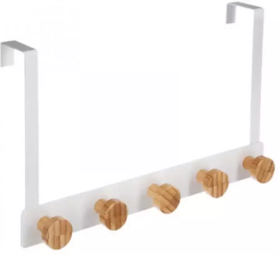 5five Deur ophang kapstok met 5 ophanghaken knoppen wit beige B33 x H20 cm metaal bamboe