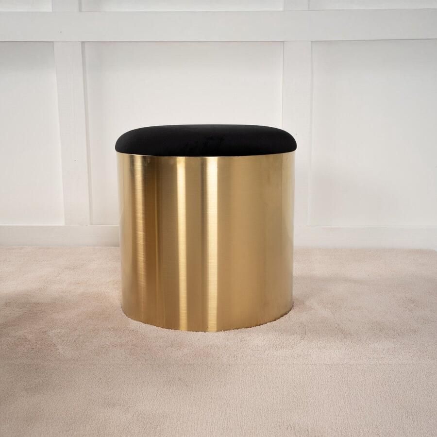 Hioshop Puff poef hocker Ø45cm velours zwart messing.