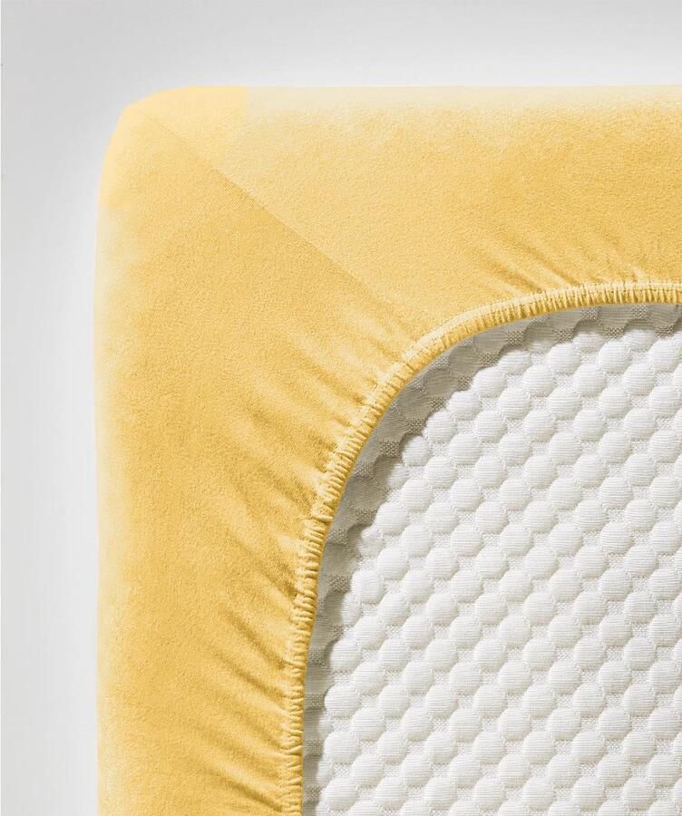 Fleuresse 180 x 200 x 220 cm XXL hoeslaken Jersey stretch hoeslaken gemaakt van katoen en elastaan Made in Germany wasbaar op 60 graden geschikt voor matrassen tot 40 cm hoog zonnegeel