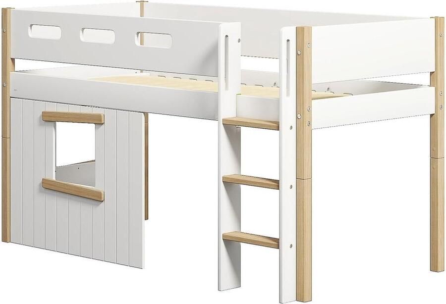 Flexa Bed Halfhoogslaper rechte ladder en boomhut bedfronten eiken frame Wit en Eiken 200x90 MDF Massief eiken en Berken Multiplex