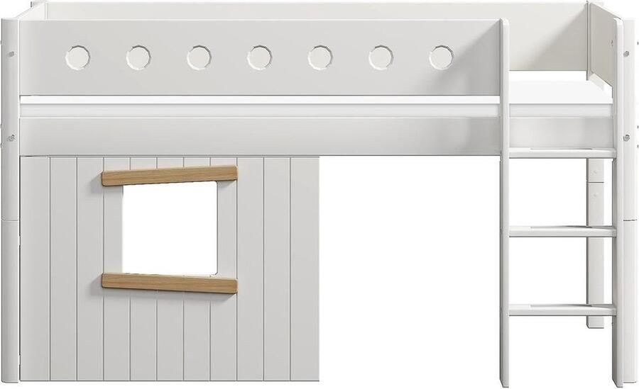 Flexa Bed Halfhoogslaper rechte ladder en boomhut bedfronten eiken frame Wit en Eiken 200x90 MDF Massief eiken en Berken Multiplex