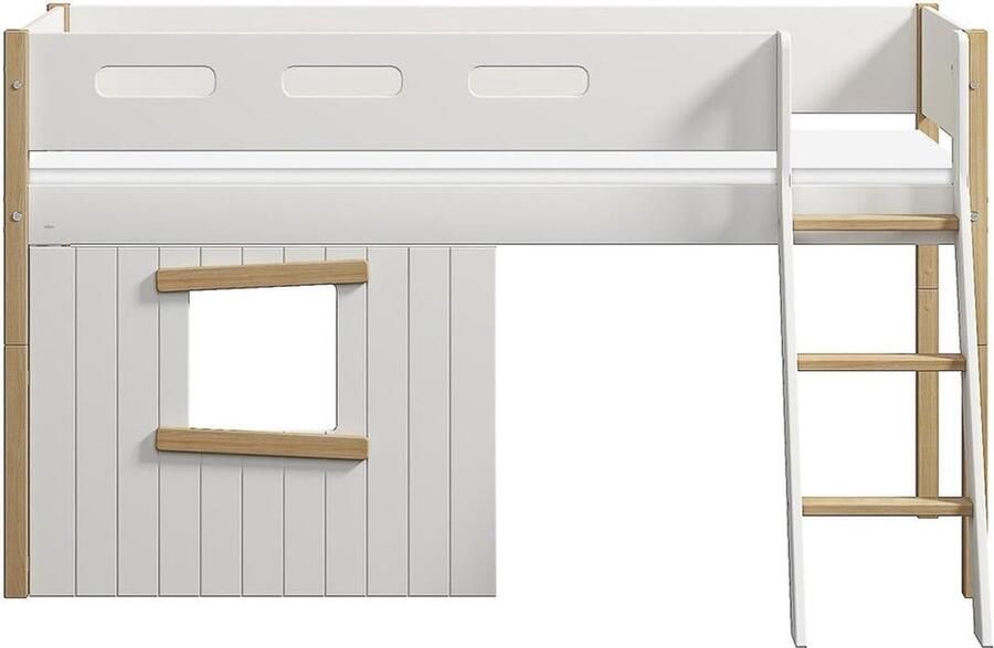 Flexa Bed Halfhoogslaper schuine ladder en boomhut bedfronten eiken frame Wit en Eiken 200x90 MDF Massief eiken en Berken Multiplex
