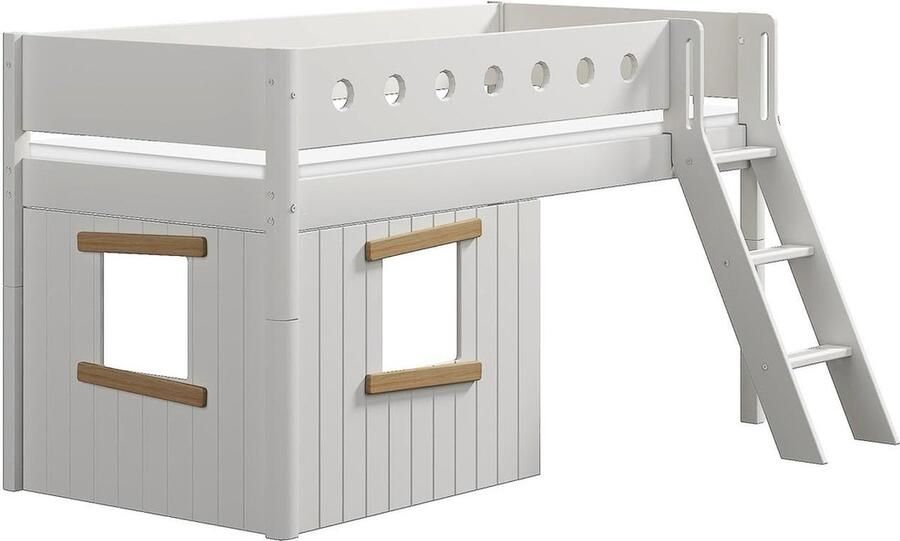 Flexa Bed Halfhoogslaper schuine ladder en boomhut bedfronten eiken frame Wit en Eiken 200x90 MDF Massief eiken en Berken Multiplex