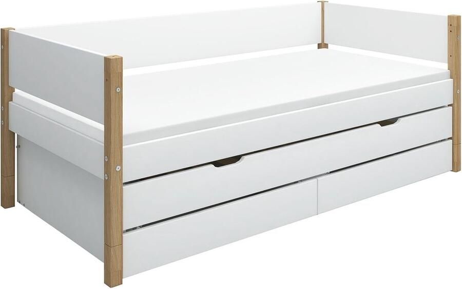 Flexa Bed NOR Bedbank met onderschuifbed en 2 laden Wit 200x90 MDF en Massief eiken