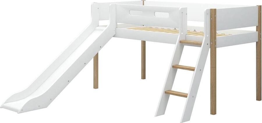 Flexa Bed NOR Halfhoogslaper m. glijbaan Wit en Eiken 200x90 MDF Massief eiken en Berken Multiplex