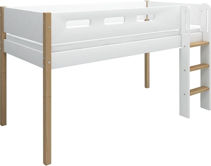 Flexa Bed NOR Halfhoogslaper m. rechte ladder Wit en Eiken 200x90 MDF Massief eiken en Berken Multiplex