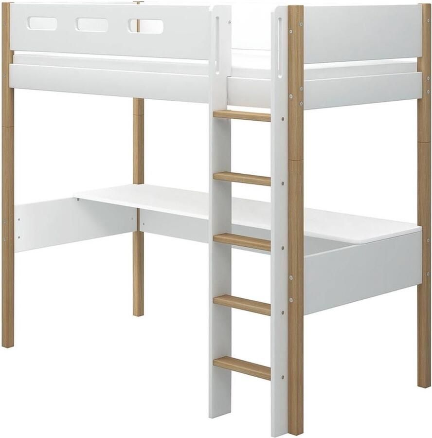 Flexa Bed NOR Hoogslaper met rechte ladder en bureau Wit 200x90 MDF en Massief Eiken
