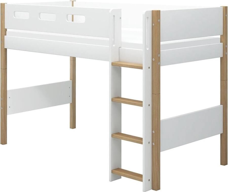 Flexa Bed NOR Verhoogde halfhoogslaper m. rechte ladder Wit 200x90 MDF en Massief Eiken