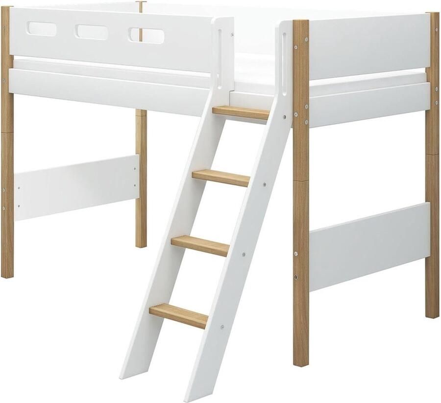 Flexa Bed NOR Verhoogde halfhoogslaper m. schuine ladder Wit 200x90 MDF en Massief Eiken