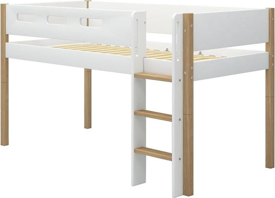 Flexa Bed NOR Halfhoogslaper m. rechte ladder Wit en Eiken 200x90 MDF Massief eiken en Berken Multiplex - Foto 2