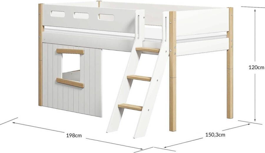 Flexa Halfhoogslaper schuine ladder en boomhut bedfronten eiken frame