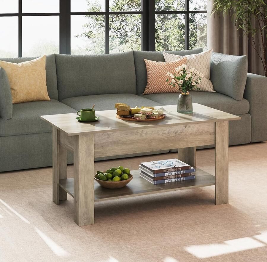 Fleximark In hoogte verstelbare salontafel met plank woonkamertafel rechthoekig met open en verborgen opbergruimte koffietafel voor woonkamer slaapkamer (industrieel grijs-bruin)