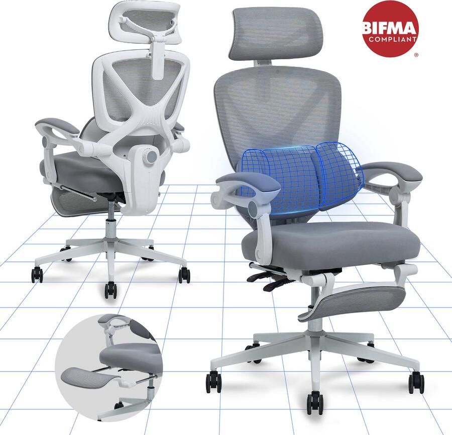 FLEXISPOT Ergonomische Bureaustoel met 90–135° Verstelbare Rugleuning (3 Standen) Synchroon Armleuningen en 3D Hoofdsteun – Ideaal voor Kantoor & Middagdutje – Grijs