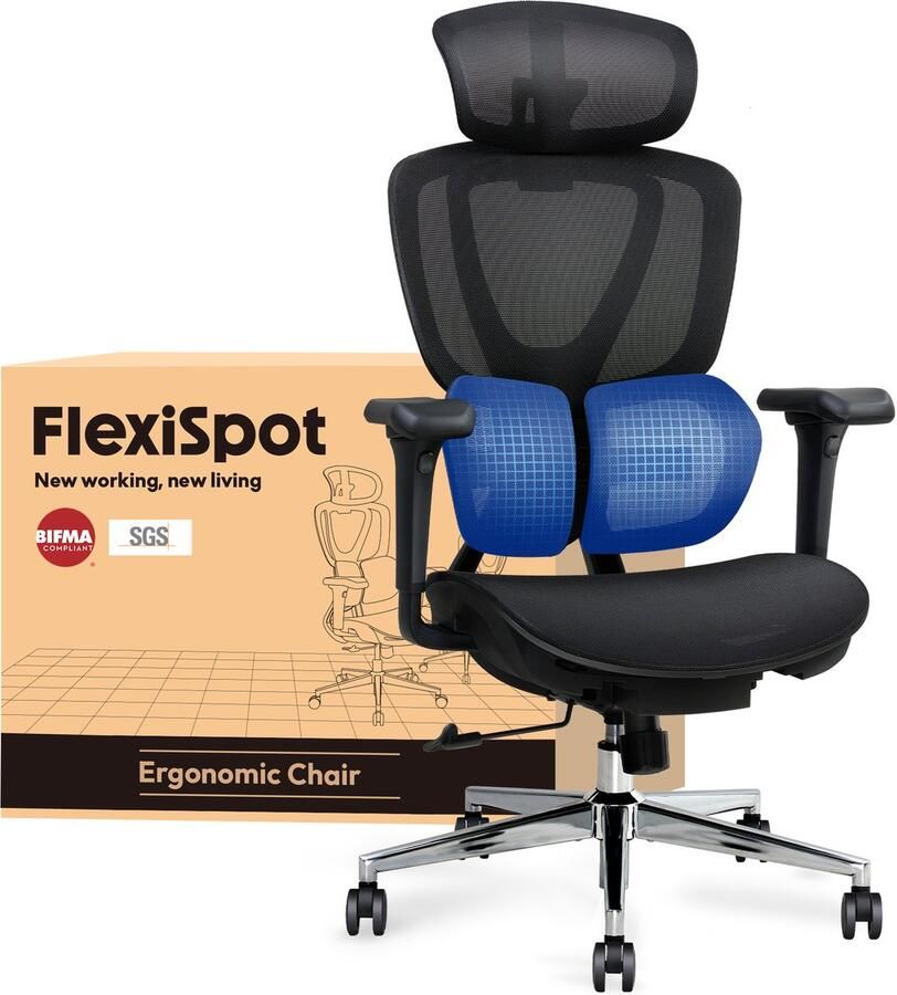 FLEXISPOT Ergonomische Bureaustoel met Voetsteun 3-Positie Verstelbare Rugleuning & Zitdiepte Grote 3D Hoofdsteun en Dual-Wing Rugsteun – Voor Kantoor & Thuis – Zwart