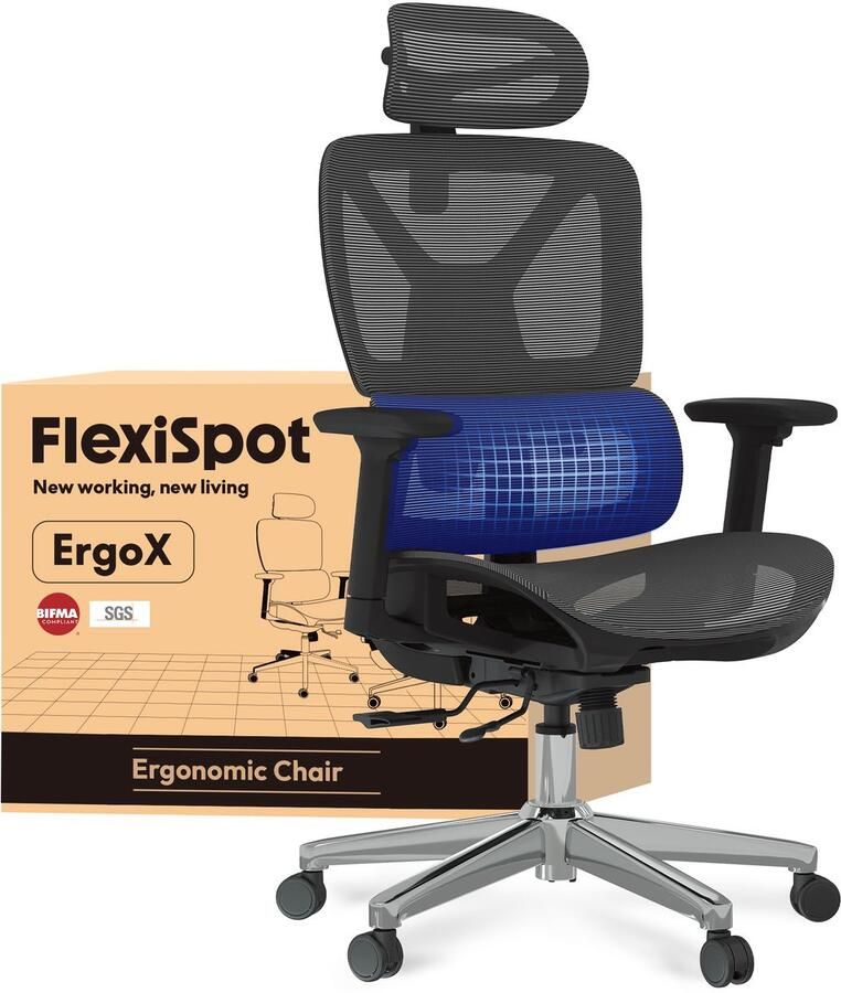 FLEXISPOT ErgoX Pro Ergonomische Bureaustoel – Mesh Rugleuning 3D Armleuningen Verstelbare Hoogte Hoofdsteun en Lendensteun – Grijs
