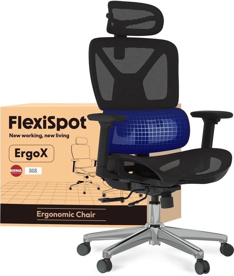 FLEXISPOT ErgoX Pro Ergonomische Bureaustoel – Mesh Rugleuning 3D Armleuningen Verstelbare Hoogte Hoofdsteun en Lendensteun – Zwart
