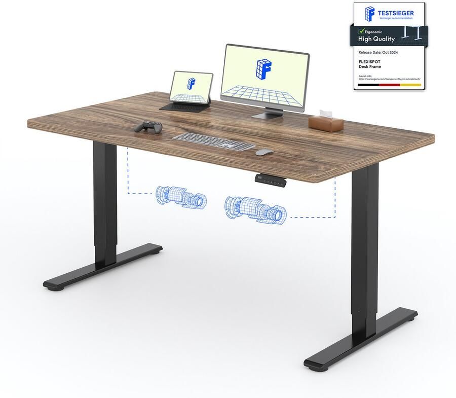 FLEXISPOT Zit-Sta Bureau Elektrisch Verstelbaar – 2 Motoren – 140×80 cm – Donkerbruin – In Eén Geheel Tafelblad – 5 Jaar Garant