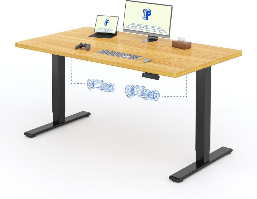 FLEXISPOT Zit-Sta Bureau Elektrisch Verstelbaar – 2 Motoren – 140×80 cm – Naturel houtkleur – In Eén Geheel Tafelblad – 5 Jaar Garant