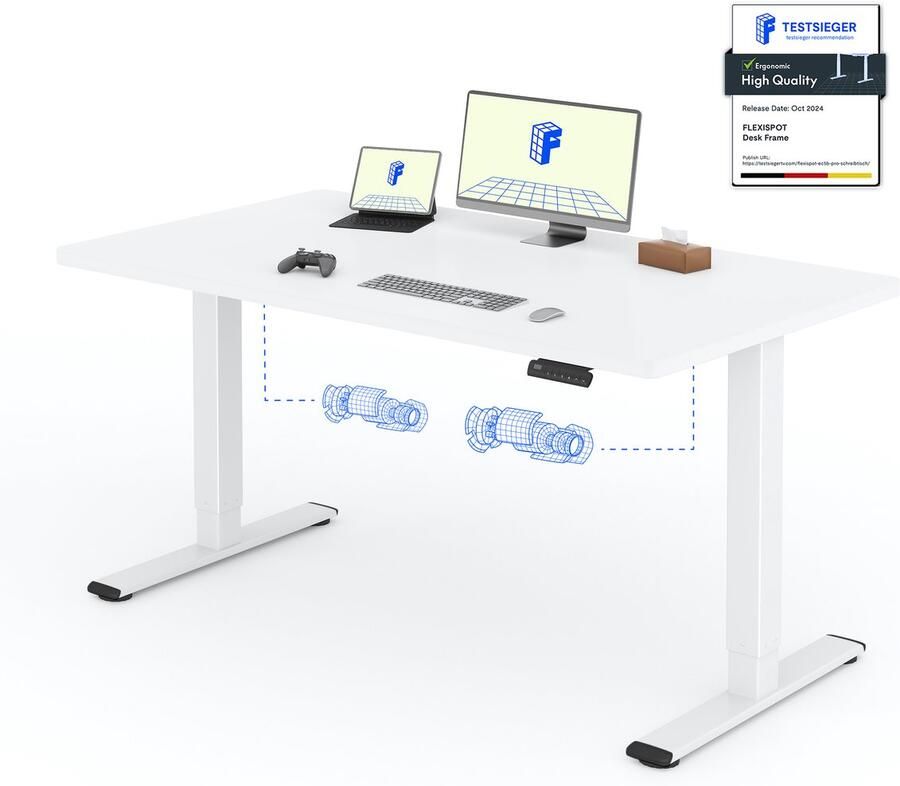 FLEXISPOT Zit-Sta Bureau Elektrisch Verstelbaar – 2 Motoren – 140×80 cm – Wit – In Eén Geheel Tafelblad – 5 Jaar Garant