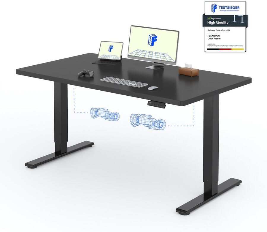 FLEXISPOT Zit-Sta Bureau Elektrisch Verstelbaar – 2 Motoren – 140×80 cm – Zwart – In Eén Geheel Tafelblad – 5 Jaar Garant