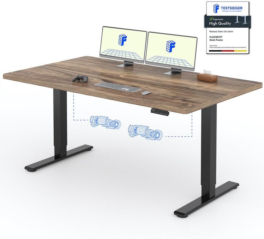 FLEXISPOT Zit-Sta Bureau Elektrisch Verstelbaar – 2 Motoren – 160×80 cm – Donkerbruin – In Eén Geheel Tafelblad – 5 Jaar Garant
