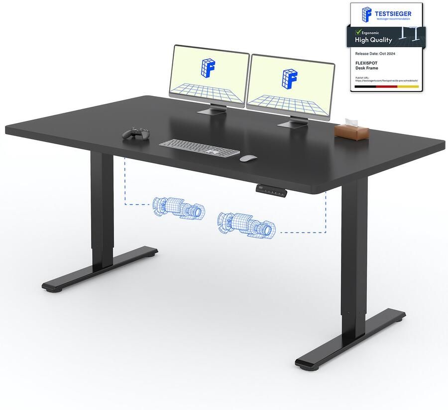 FLEXISPOT Zit-Sta Bureau Elektrisch Verstelbaar – 2 Motoren – 160×80 cm – Zwart – In Eén Geheel Tafelblad – 5 Jaar Garant