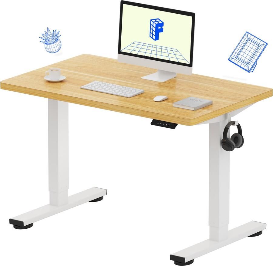 FLEXISPOT Zit-Sta Bureau Elektrisch Verstelbaar – Max. belastbaarheid 100 kg – 100×60 cm – Naturel houtkleur – In Eén Geheel Tafelblad – Met Haak & Bekerhouder – 5 Jaar Garantie