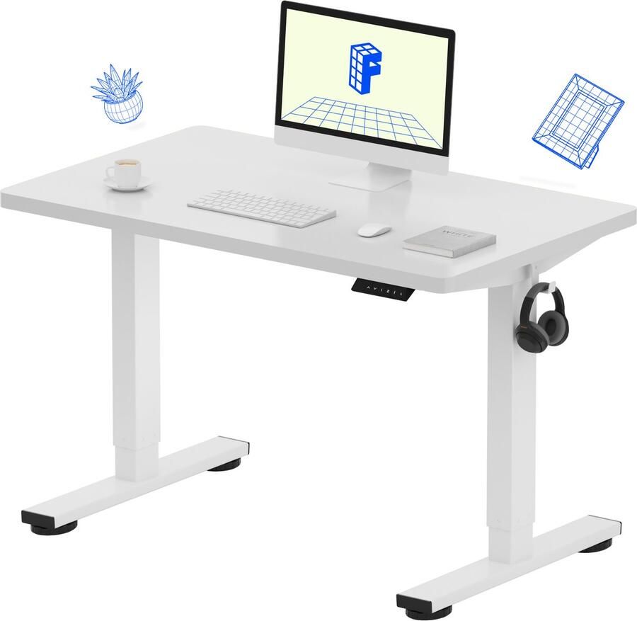 FLEXISPOT Zit-Sta Bureau Elektrisch Verstelbaar – Max. belastbaarheid 100 kg – 100×60 cm – Wit – In Eén Geheel Tafelblad – Met Haak & Bekerhouder – 5 Jaar Garantie