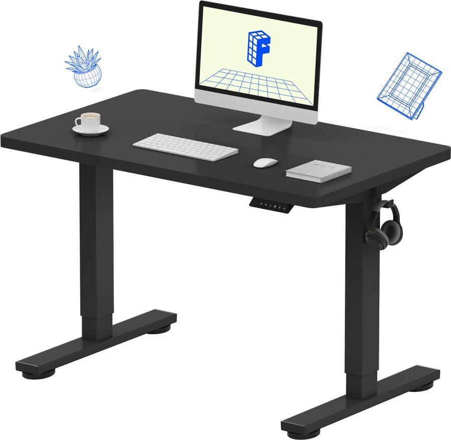FLEXISPOT Zit-Sta Bureau Elektrisch Verstelbaar – Max. belastbaarheid 100 kg – 100×60 cm – Zwart – In Eén Geheel Tafelblad – Met Haak & Bekerhouder – 5 Jaar Garantie