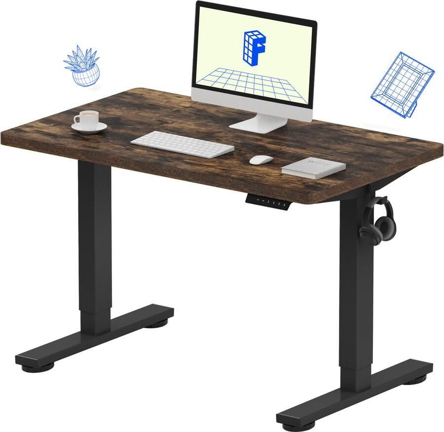 FLEXISPOT Zit-Sta Bureau Elektrisch Verstelbaar – Max. belastbaarheid 100 kg – 120×80 cm – Donkerbruin – In Eén Geheel Tafelblad – Met Haak & Bekerhouder – 5 Jaar Garantie