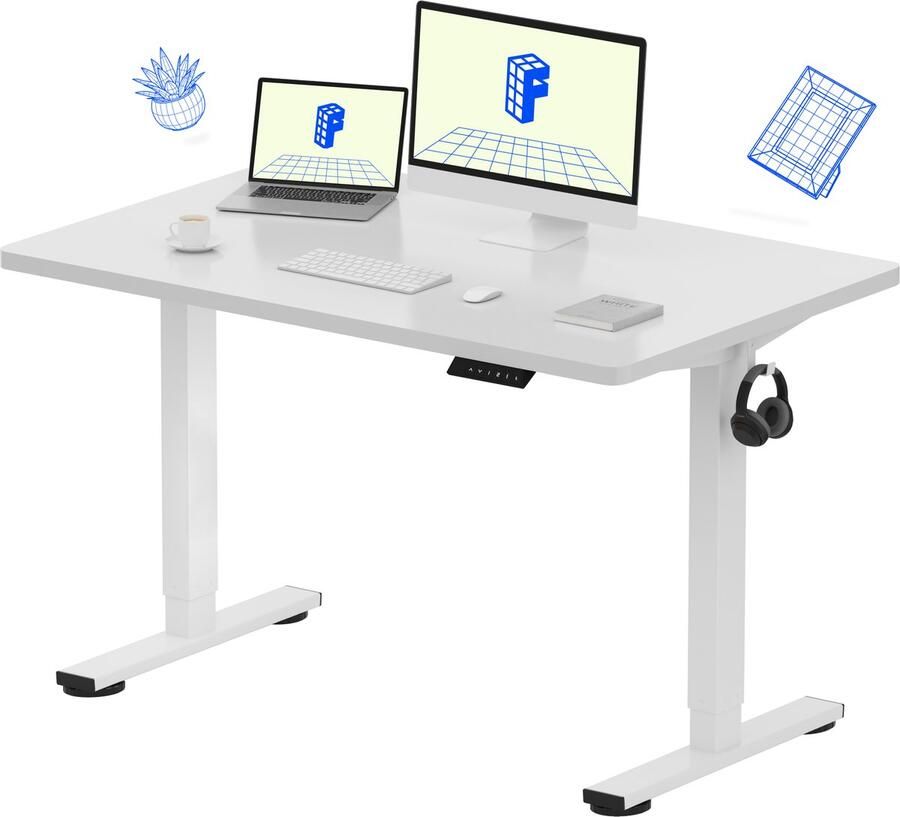 FLEXISPOT Zit-Sta Bureau Elektrisch Verstelbaar – Max. belastbaarheid 100 kg – 120×80 cm – Wit – In Eén Geheel Tafelblad – Met Haak & Bekerhouder – 5 Jaar Garantie