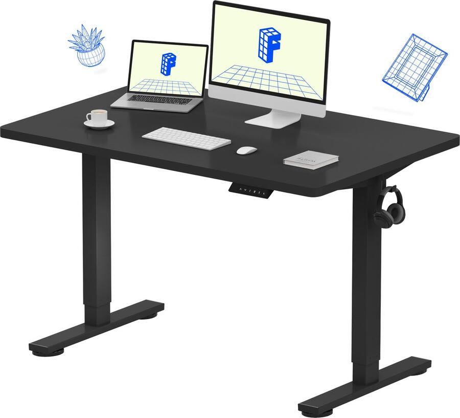 FLEXISPOT Zit-Sta Bureau Elektrisch Verstelbaar – Max. belastbaarheid 100 kg – 120×80 cm – Zwart – In Eén Geheel Tafelblad – Met Haak & Bekerhouder – 5 Jaar Garantie