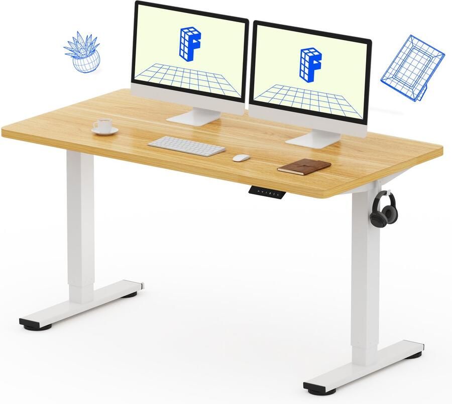 FLEXISPOT Zit-Sta Bureau Elektrisch Verstelbaar – Max. belastbaarheid 100 kg – 140×80 cm – Naturel houtkleur – In Eén Geheel Tafelblad – Met Haak & Bekerhouder – 5 Jaar Garantie - Foto 2