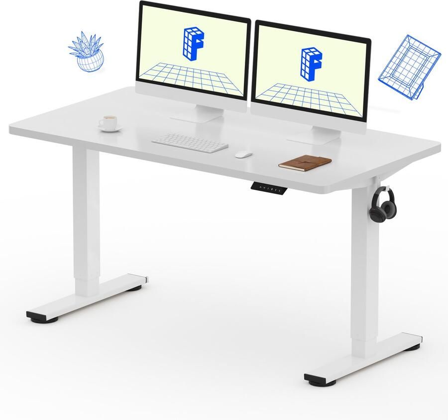 FLEXISPOT Zit-Sta Bureau Elektrisch Verstelbaar – Max. belastbaarheid 100 kg – 140×80 cm – Wit – In Eén Geheel Tafelblad – Met Haak & Bekerhouder – 5 Jaar Garantie