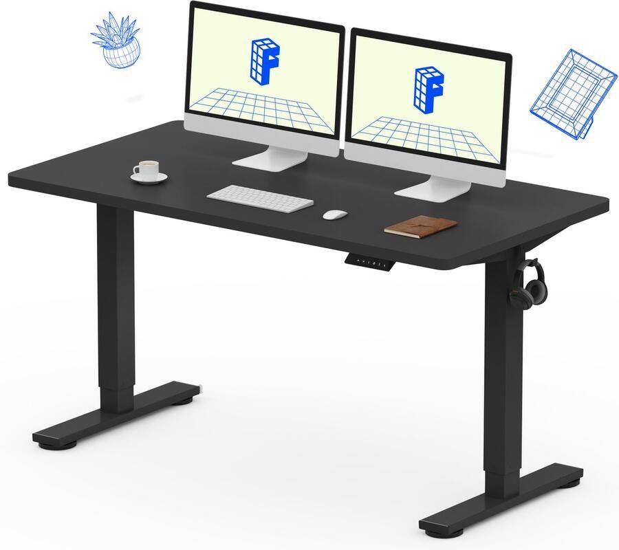 FLEXISPOT Zit-Sta Bureau Elektrisch Verstelbaar – Max. belastbaarheid 100 kg – 140×80 cm – Zwart – In Eén Geheel Tafelblad – Met Haak & Bekerhouder – 5 Jaar Garantie