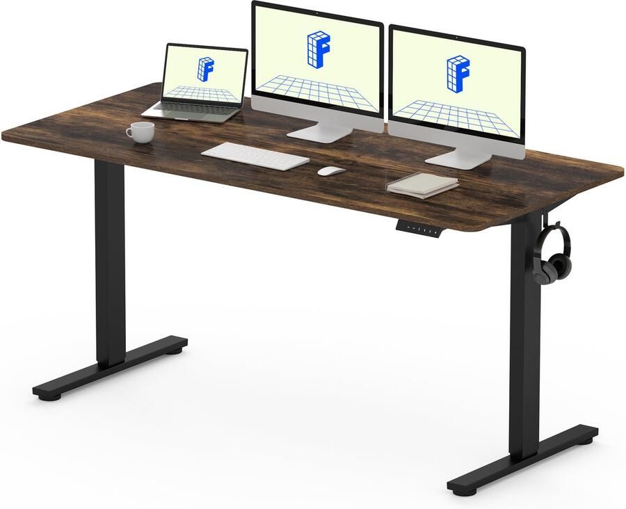 FLEXISPOT Zit-Sta Bureau Elektrisch Verstelbaar – Max. belastbaarheid 100 kg – 160×80 cm – Donkerbruin – In Eén Geheel Tafelblad – Met Haak & Bekerhouder – 5 Jaar Garantie