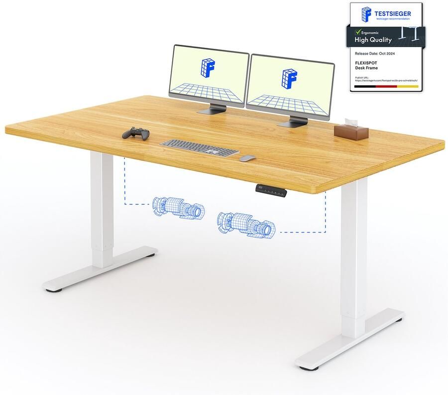FLEXISPOT Zit-Sta Bureau Elektrisch Verstelbaar – Max. belastbaarheid 100 kg – 160×80 cm – Naturel houtkleur – In Eén Geheel Tafelblad – Met Haak & Bekerhouder – 5 Jaar Garantie
