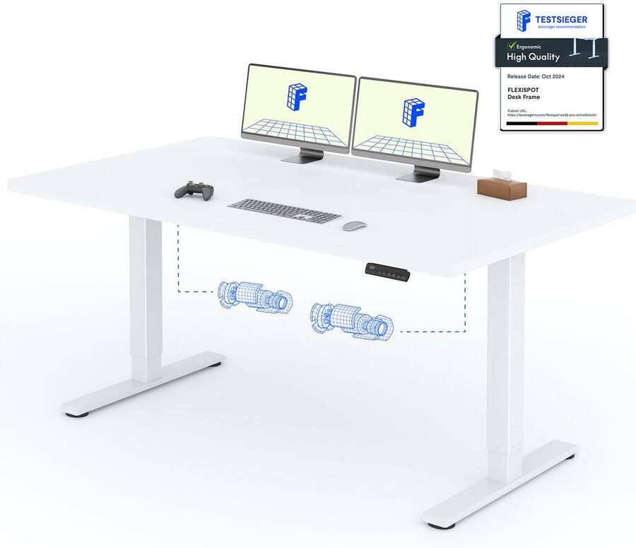FLEXISPOT Zit-Sta Bureau Elektrisch Verstelbaar – Max. belastbaarheid 100 kg – 160×80 cm – Wit – In Eén Geheel Tafelblad – Met Haak & Bekerhouder – 5 Jaar Garantie