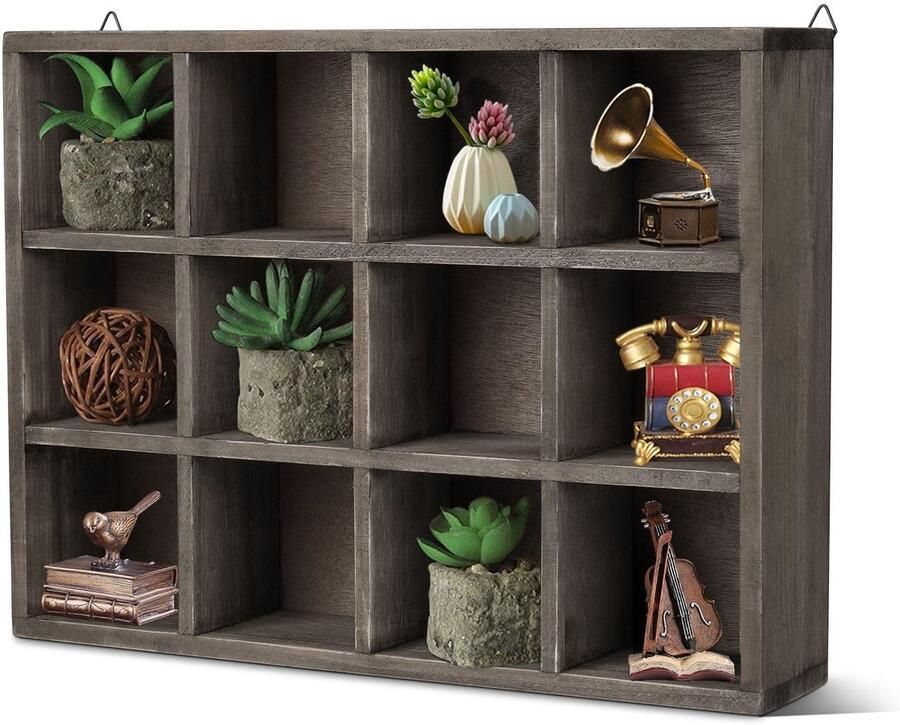 Flexzion zwevende plank Bruine houten wandplank vrijstaande wandplank vrijstaande houten plank wandplank met 12 compartimenten sleufvormige schaduwdoos vitrinekast organizerplank verticaal horizontaal