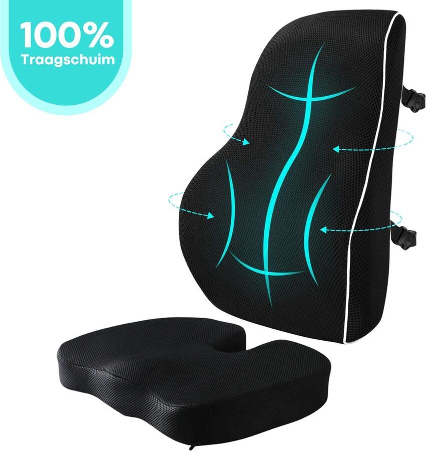 FLOOQ Rugkussen & Zitkussen Set Ergonomisch voor Auto en Bureaustoel Onderrug PU-Spons Lendekussen