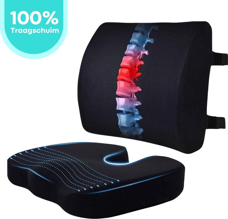 FLOOQ Rugkussen & Zitkussen Set voor Auto en Bureaustoel Onderrug PU-Spons Lendekussen